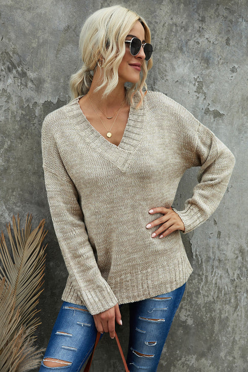 V Neck Drop Shoulder Knitted Sweater